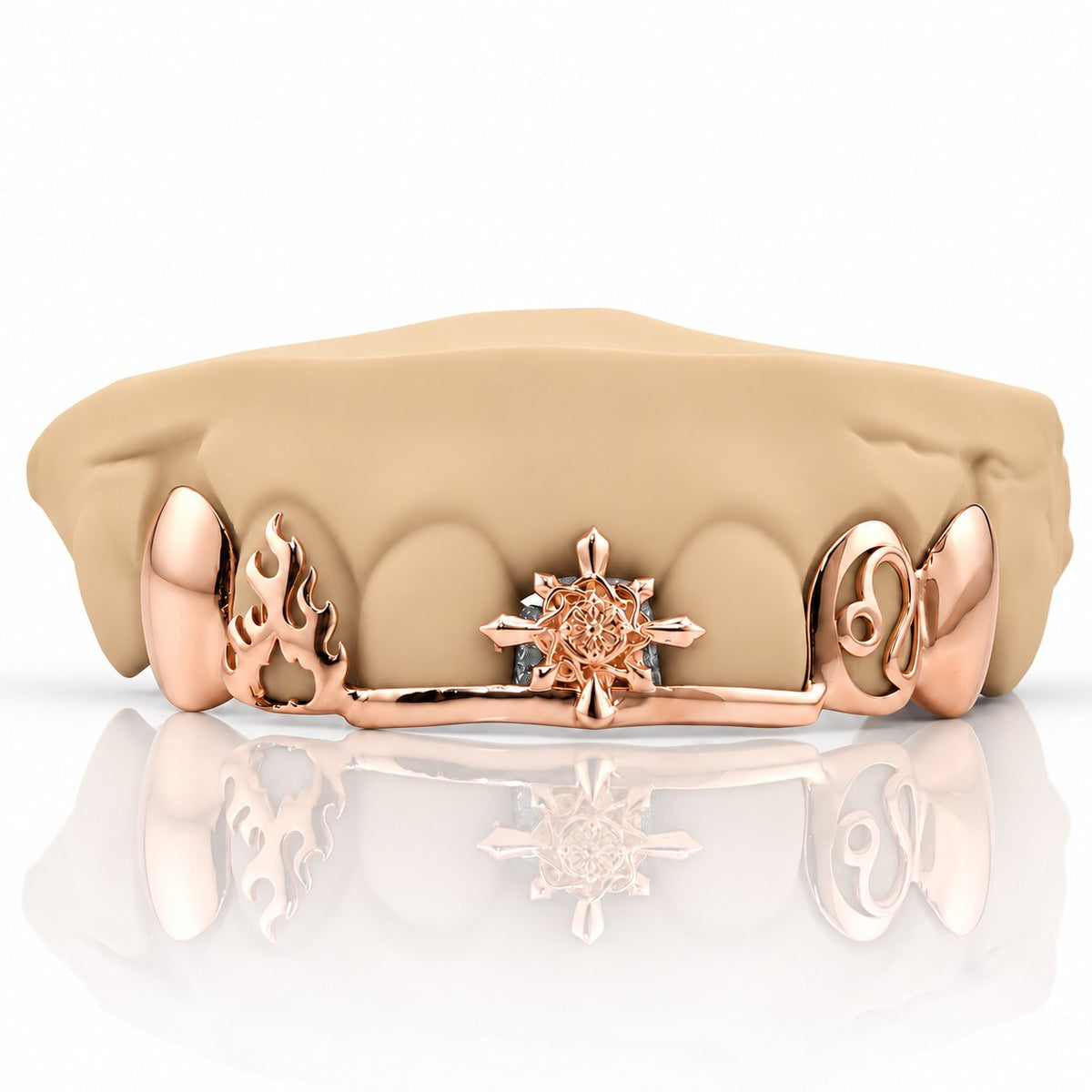 Custom top grillz with compass star, flame and Leo zodiac on a front bar, rose gold plated 925 silver - angle 3