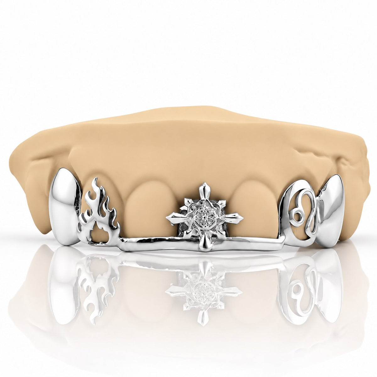 Custom top grillz with compass star, flame and Leo zodiac on a front bar, white 925 sterling silver - angle 3