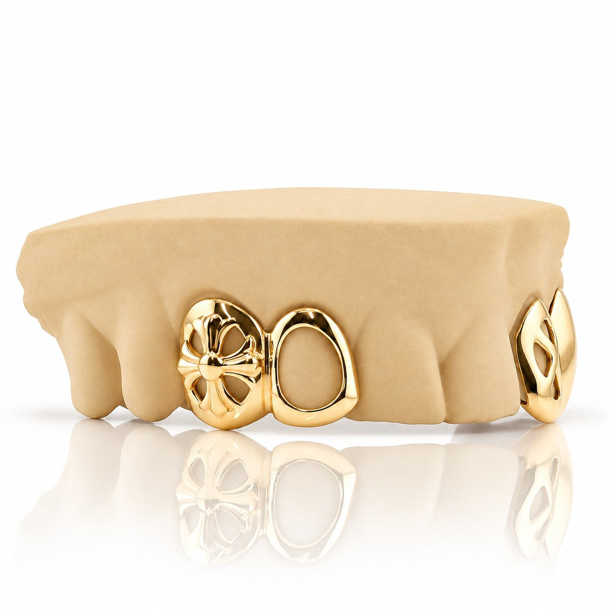 Custom 4pc top grillz with floral cross, open face and cut-out canine, yellow gold plated 925 silver - angle 1