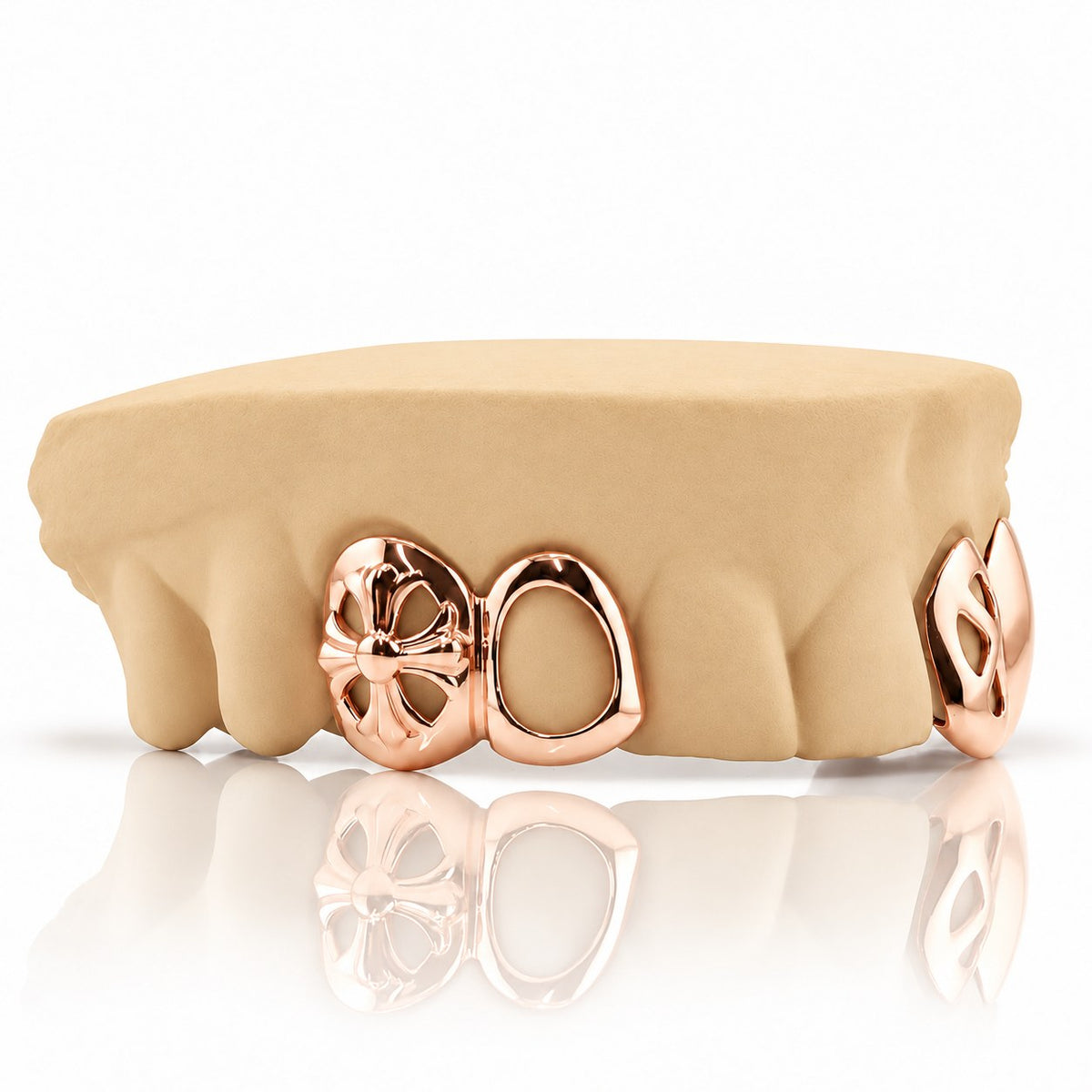 Custom 4pc top grillz with floral cross, open face and cut-out canine, rose gold plated 925 silver - angle 1