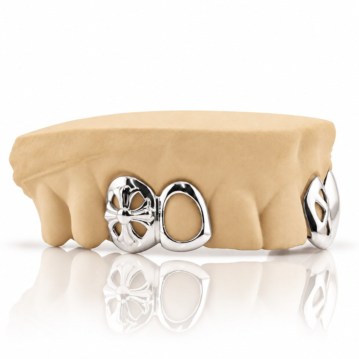 Custom 4pc top grillz with floral cross, open face and cut-out canine, white 925 sterling silver - angle 1