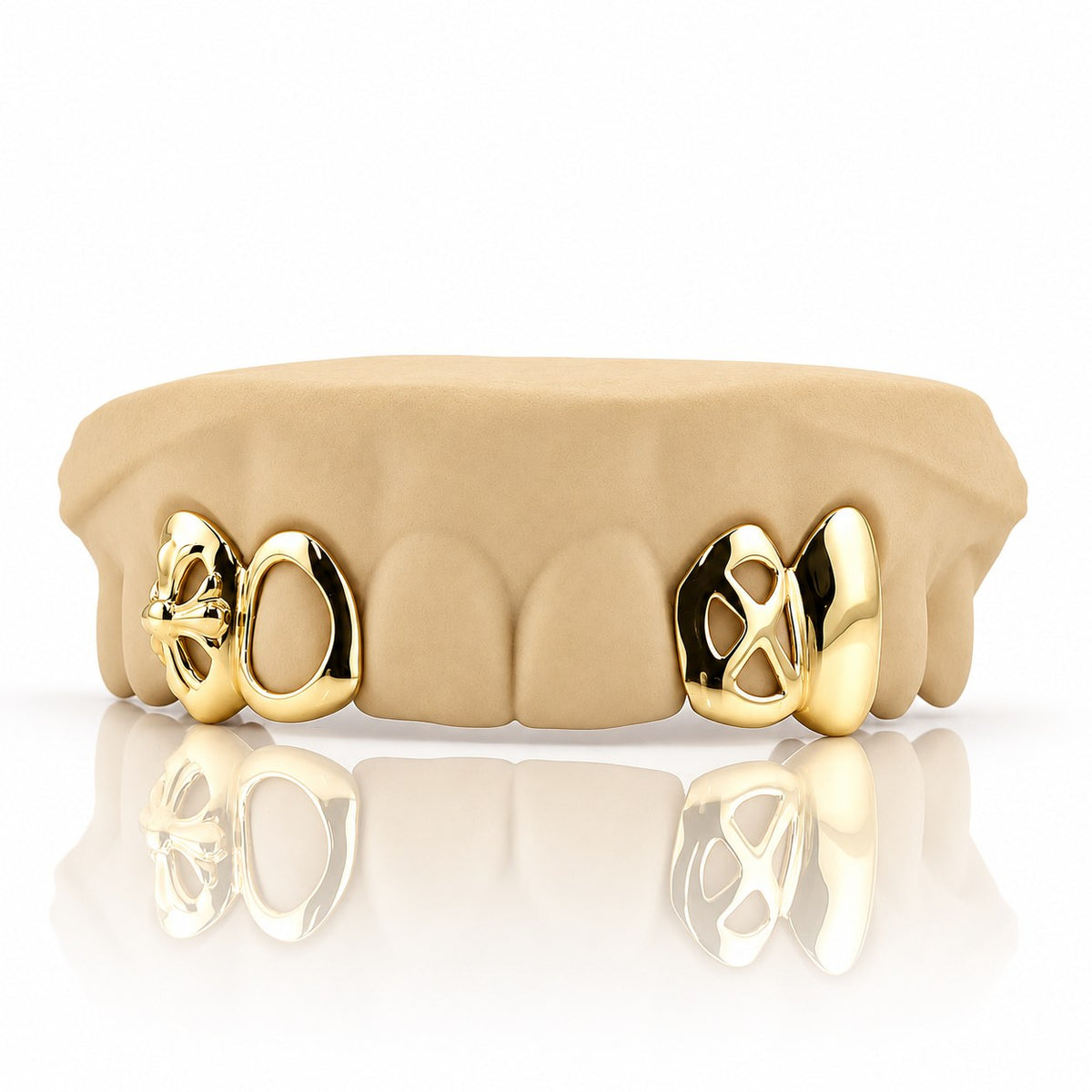 Custom 4pc top grillz with floral cross, open face and cut-out canine, yellow gold plated 925 silver - angle 2