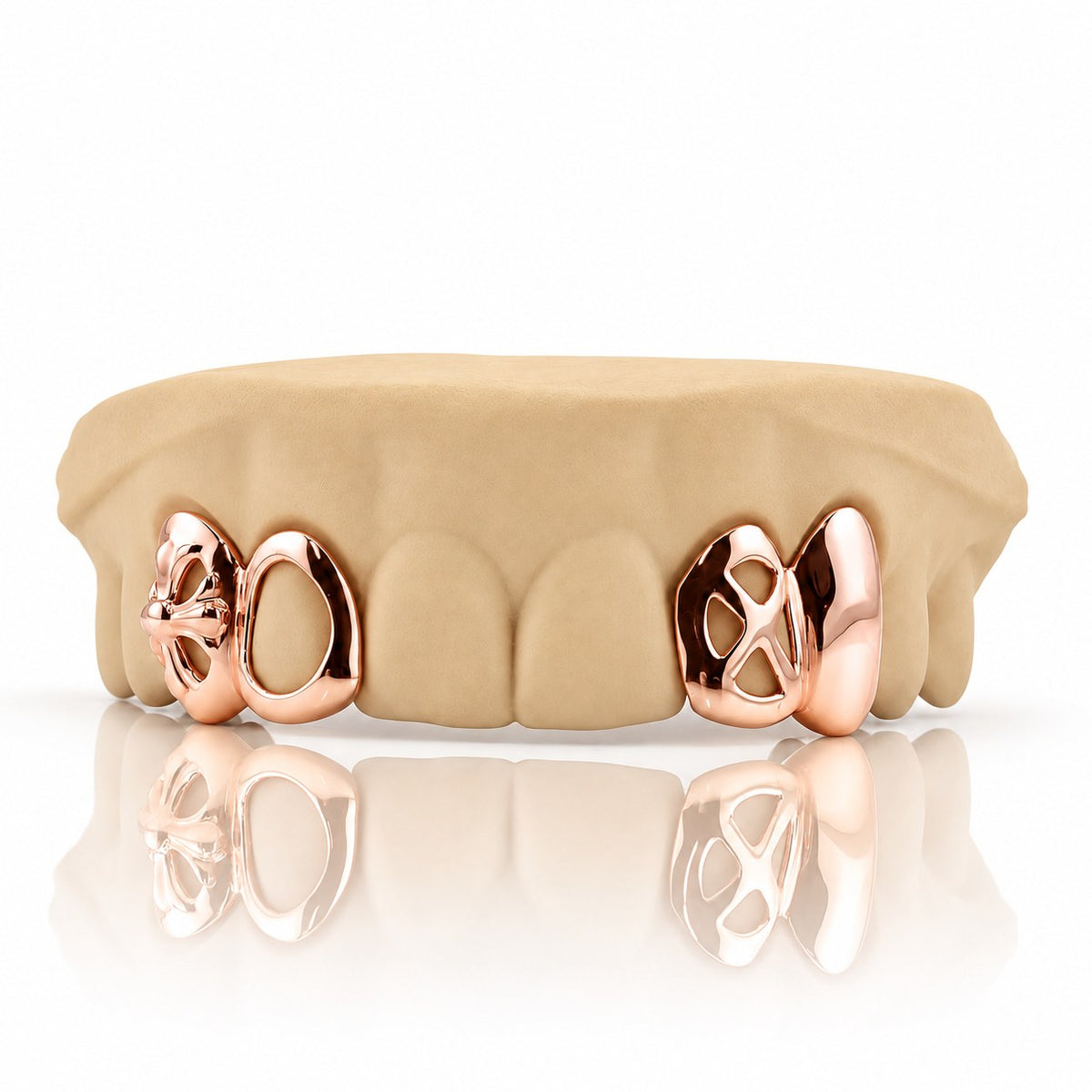 Custom 4pc top grillz with floral cross, open face and cut-out canine, rose gold plated 925 silver - angle 2