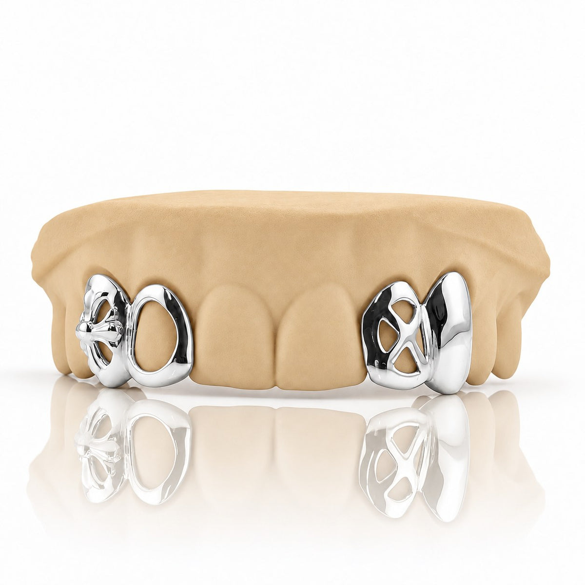 Custom 4pc top grillz with floral cross, open face and cut-out canine, white 925 sterling silver - angle 2