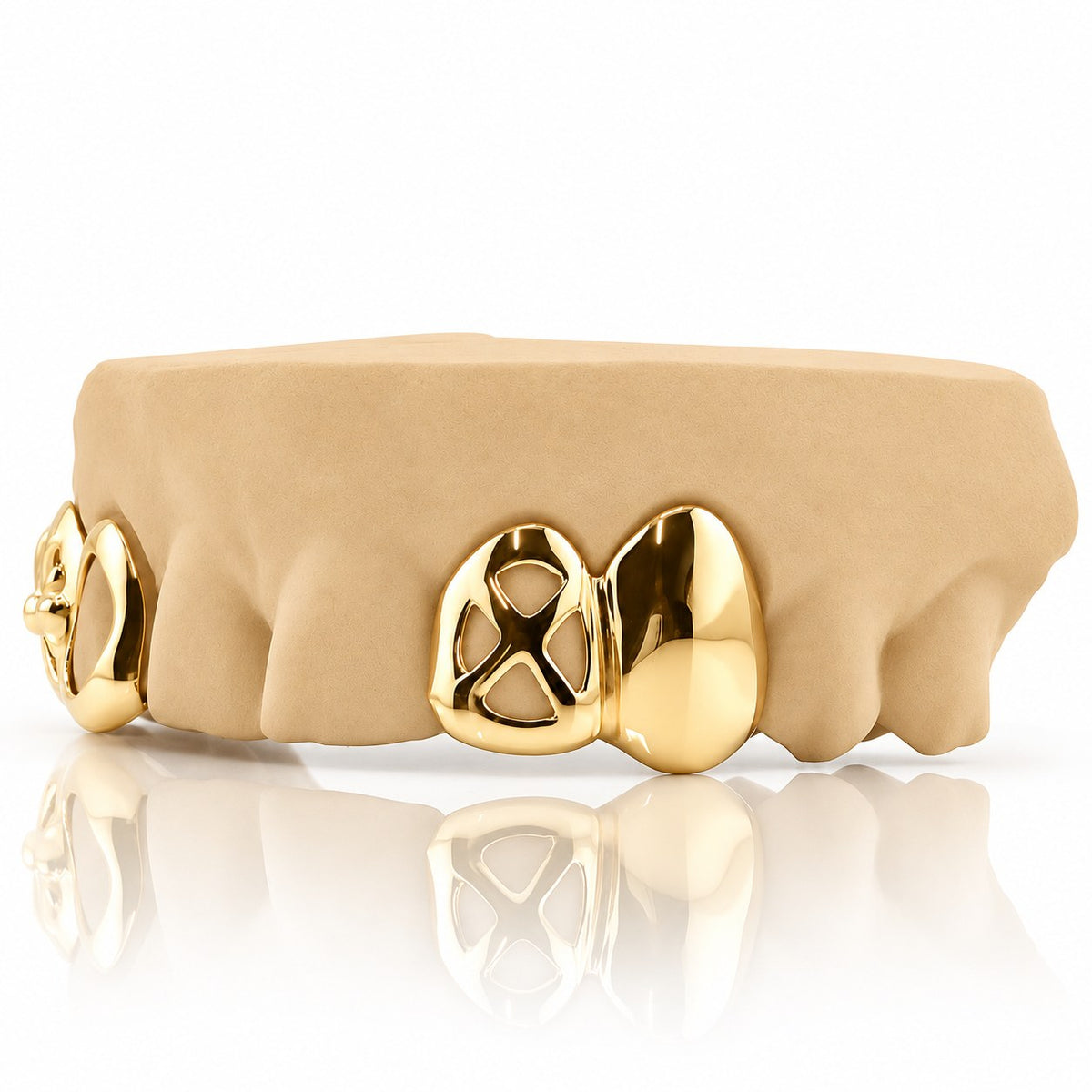 Custom 4pc top grillz with floral cross, open face and cut-out canine, yellow gold plated 925 silver - angle 3