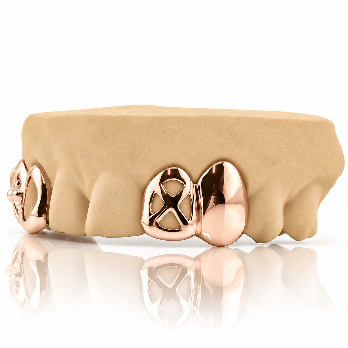 Custom 4pc top grillz with floral cross, open face and cut-out canine, rose gold plated 925 silver - angle 3