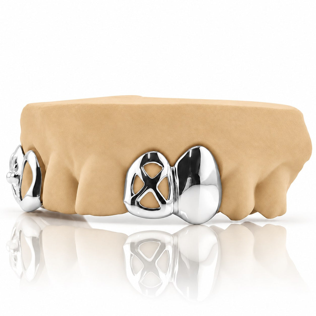 Custom 4pc top grillz with floral cross, open face and cut-out canine, white 925 sterling silver - angle 3