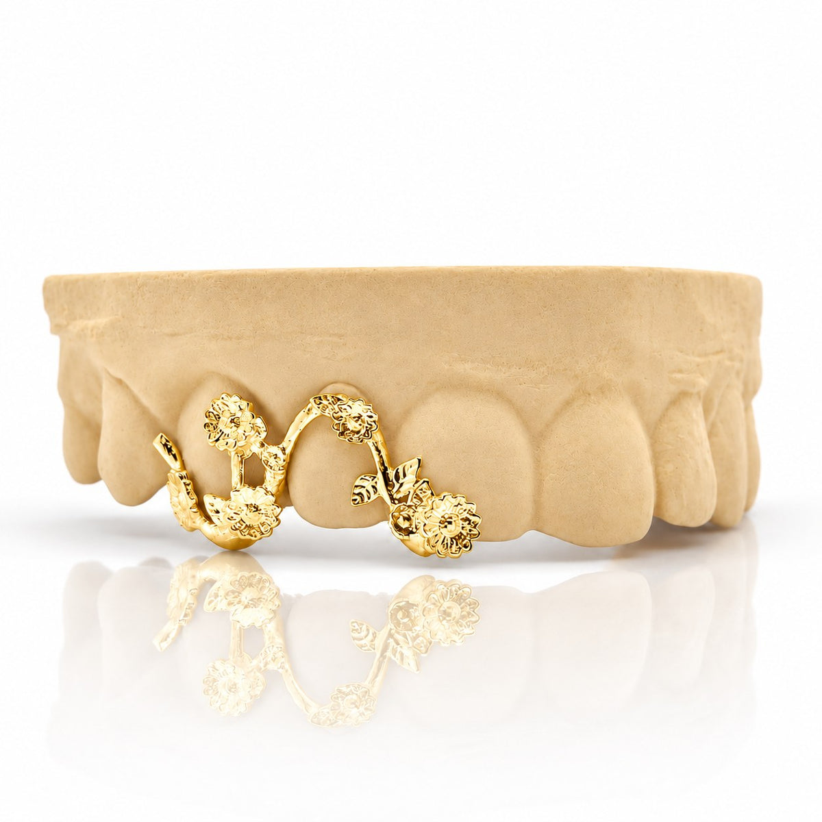 Custom 3pc top grillz with daisy flower vine, yellow gold plated 925 silver - angle 1
