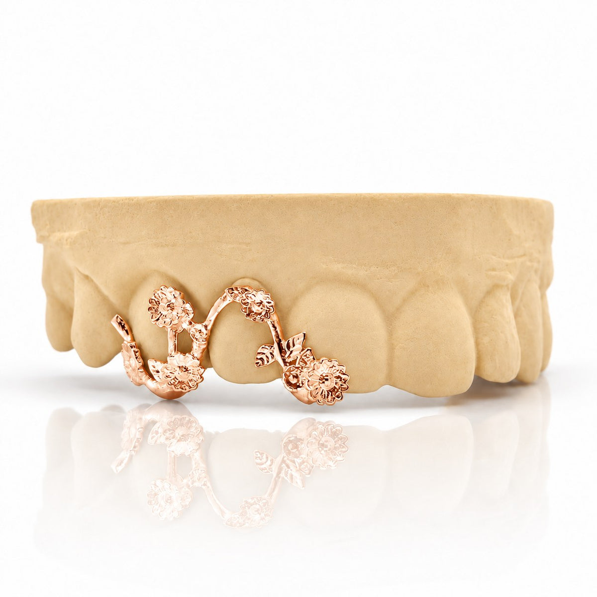 Custom 3pc top grillz with daisy flower vine, rose gold plated 925 silver - angle 1
