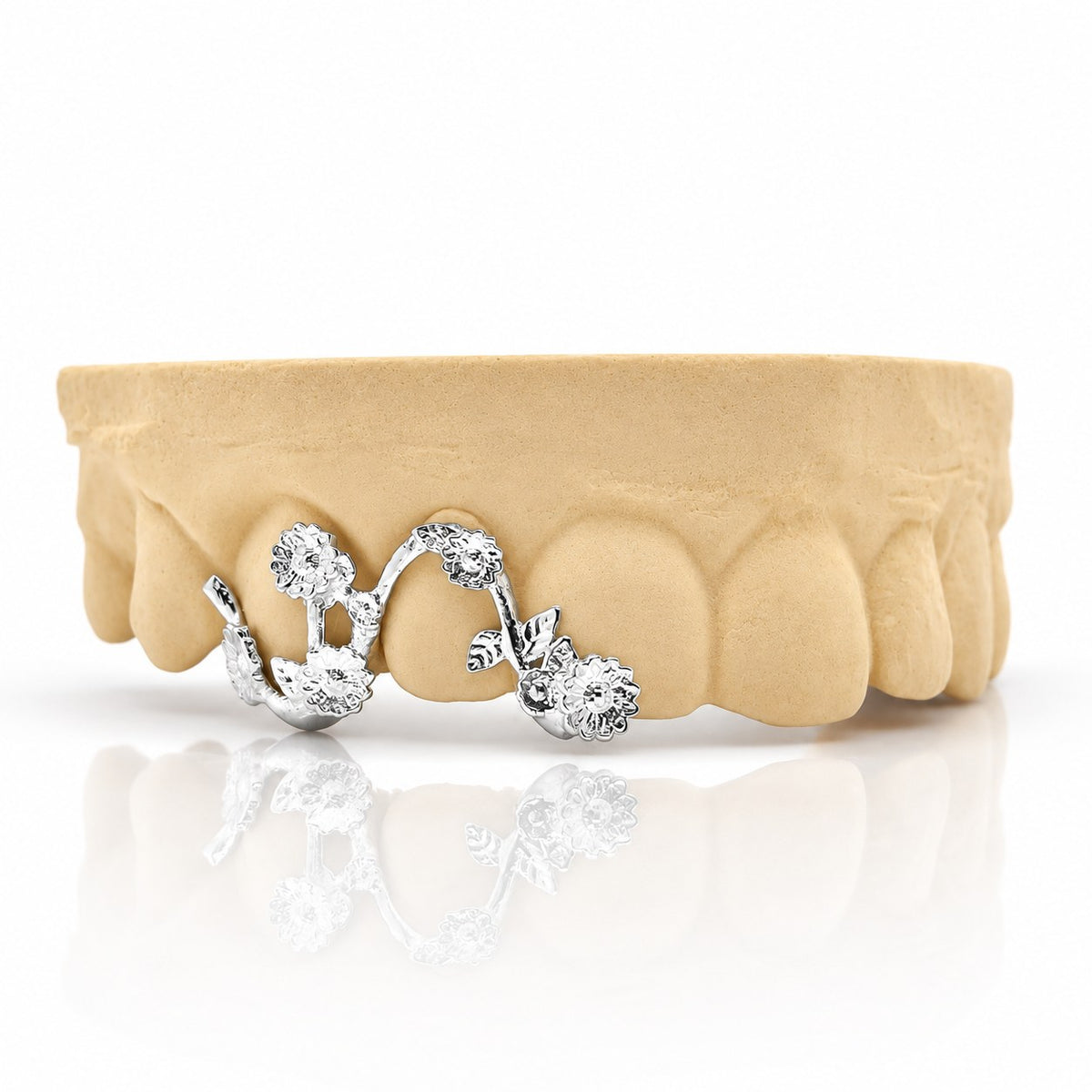 Custom 3pc top grillz with daisy flower vine, white 925 sterling silver - angle 1