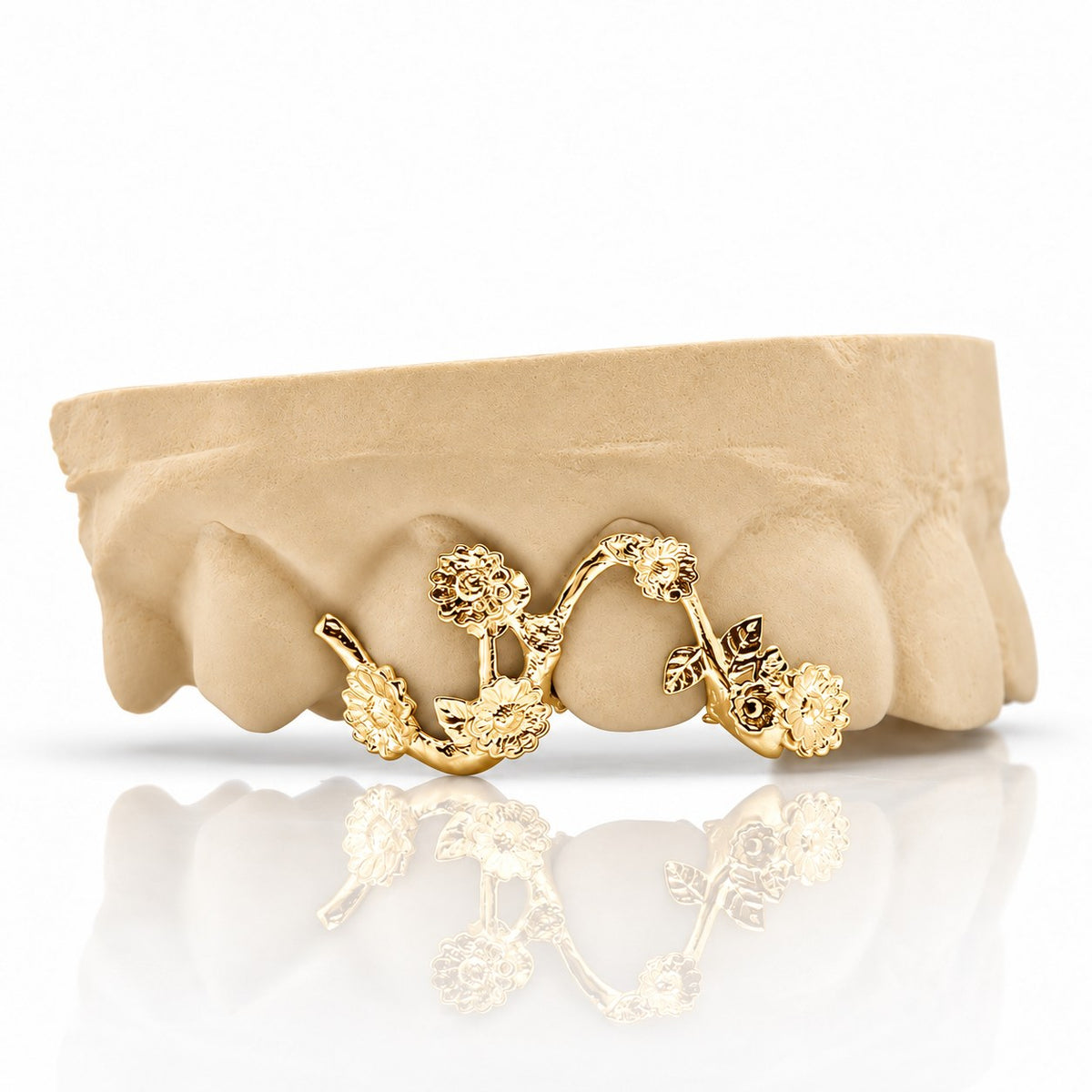 Custom 3pc top grillz with daisy flower vine, yellow gold plated 925 silver - angle 2
