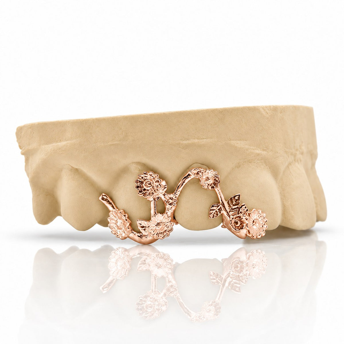 Custom 3pc top grillz with daisy flower vine, rose gold plated 925 silver - angle 2