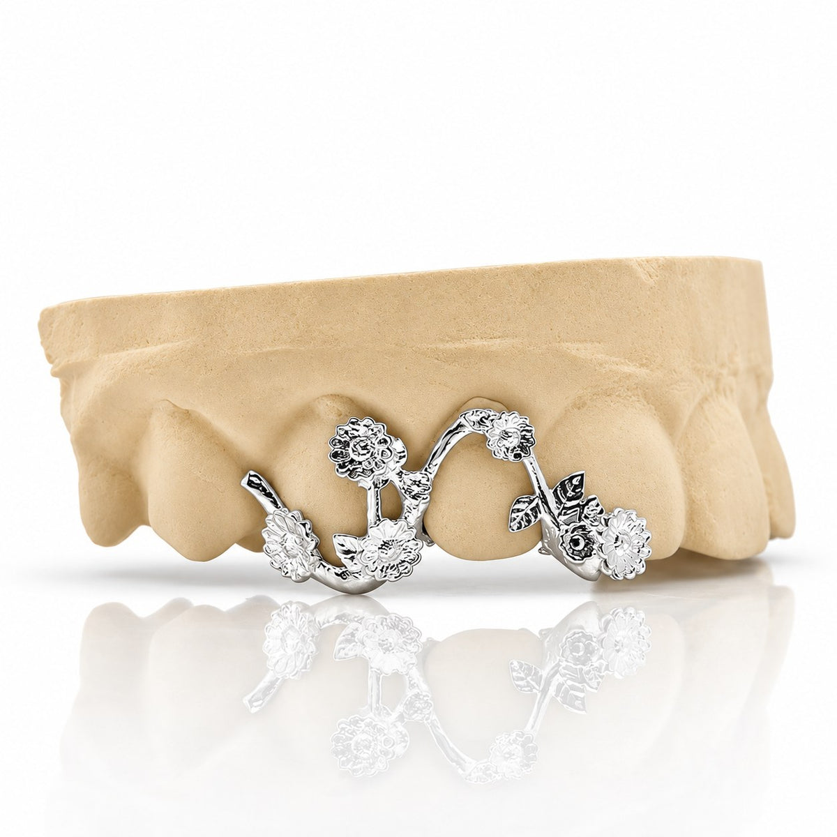 Custom 3pc top grillz with daisy flower vine, white 925 sterling silver - angle 2