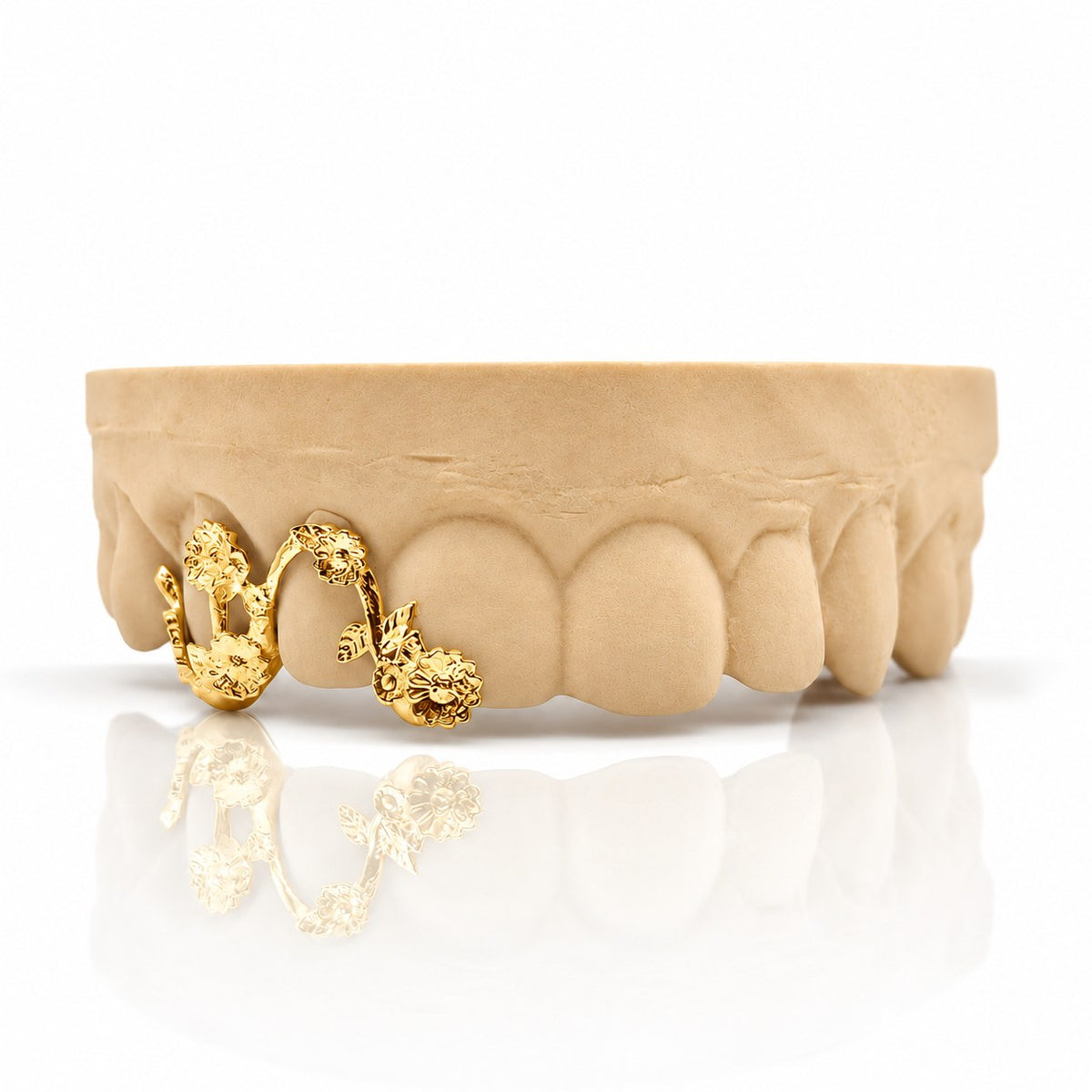 Custom 3pc top grillz with daisy flower vine, yellow gold plated 925 silver - angle 3
