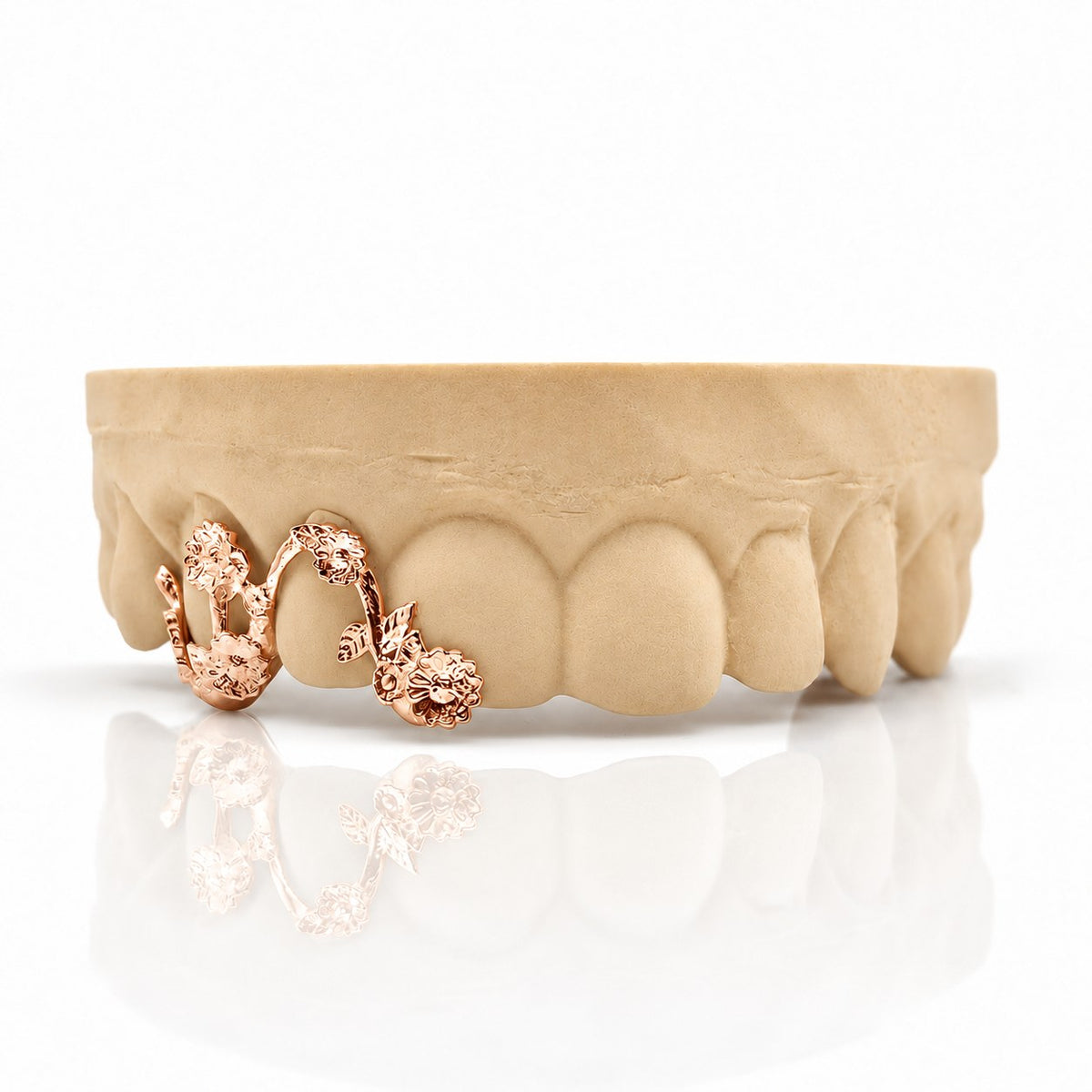 Custom 3pc top grillz with daisy flower vine, rose gold plated 925 silver - angle 3