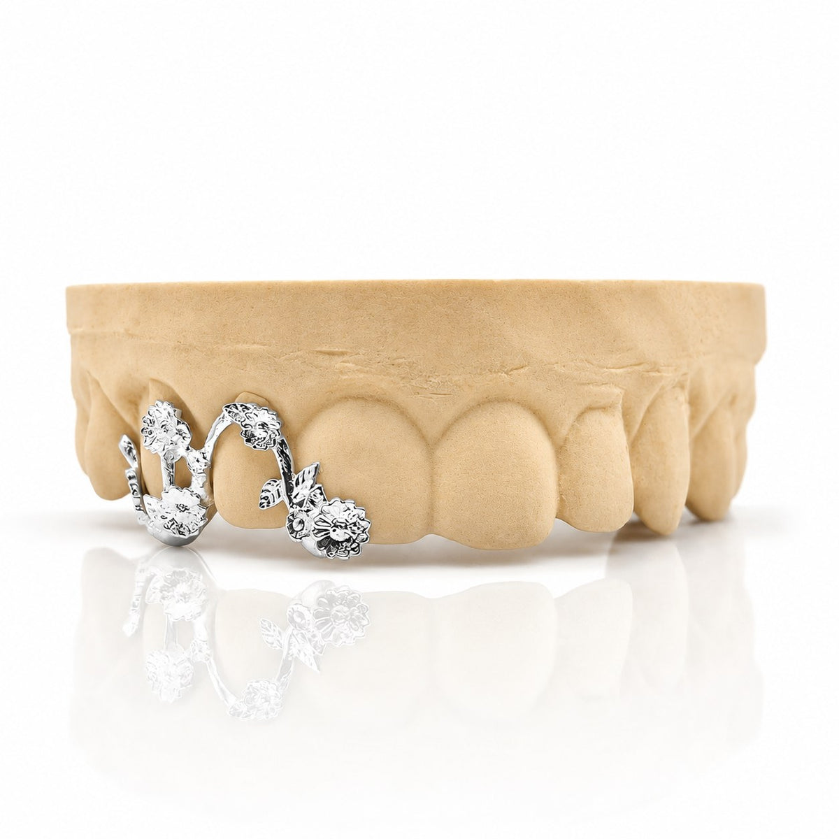 Custom 3pc top grillz with daisy flower vine, white 925 sterling silver - angle 3