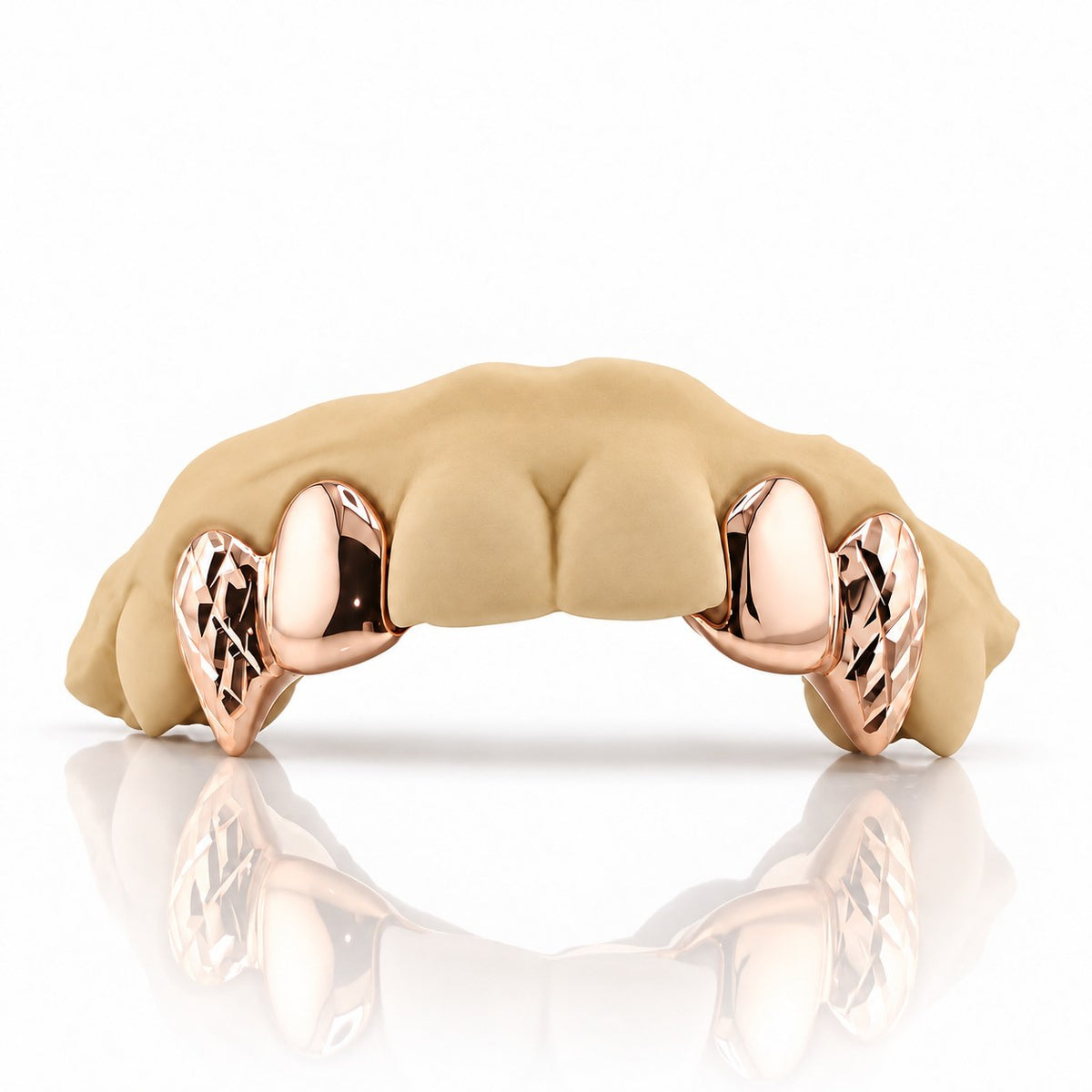 Custom 4pc top grillz with solid caps and diamond cut fangs, rose gold plated 925 silver - angle 1