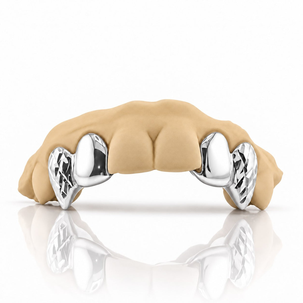 Custom 4pc top grillz with solid caps and diamond cut fangs, white 925 sterling silver - angle 1