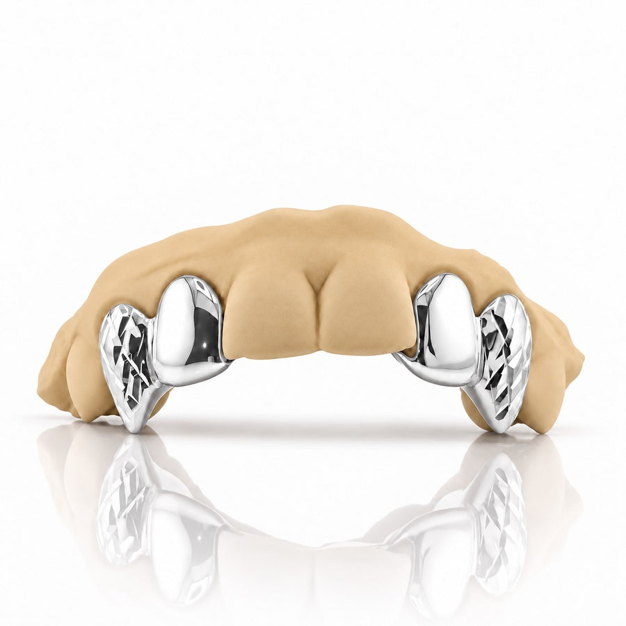 Custom 4pc top grillz with solid caps and diamond cut fangs, white 925 sterling silver - angle 1