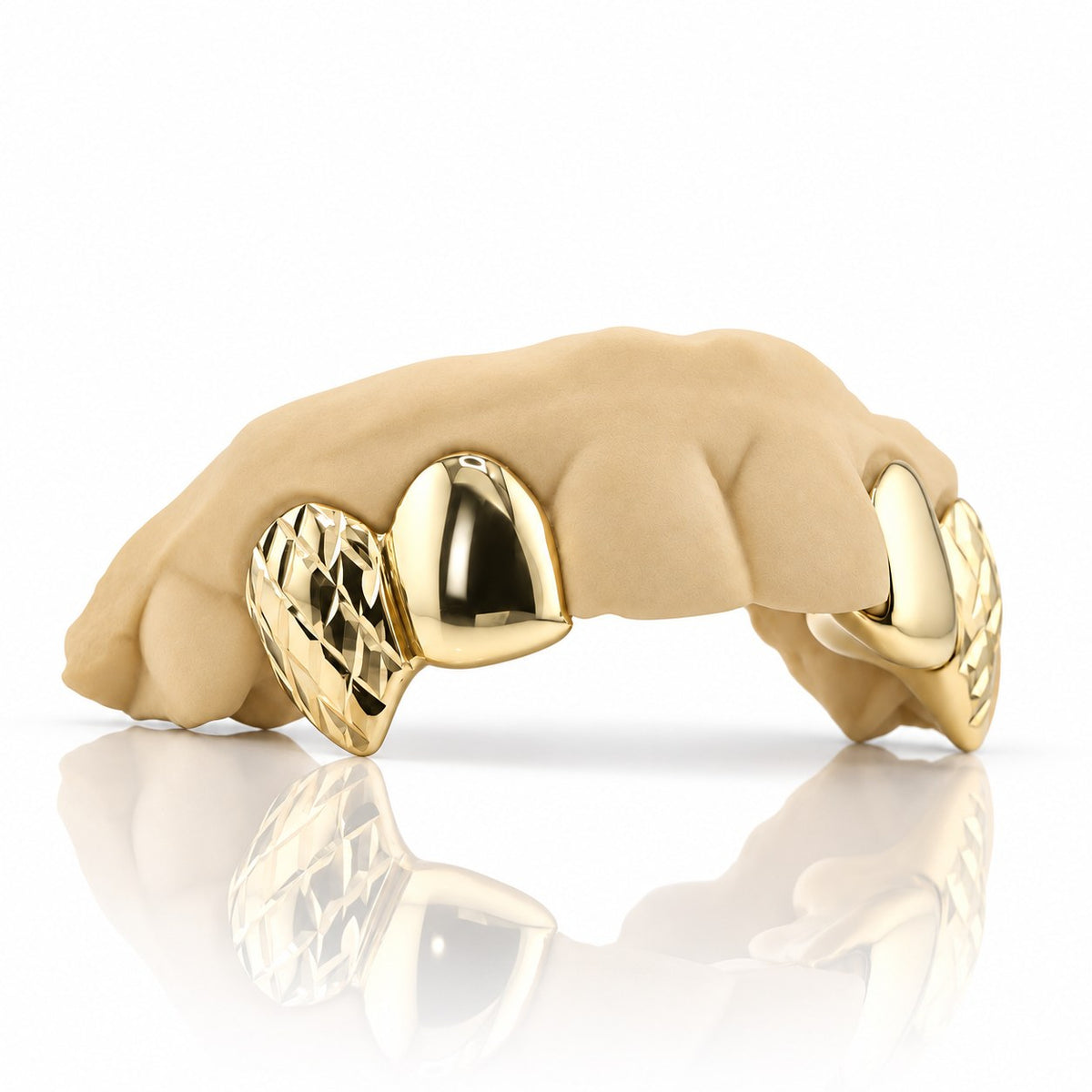 Custom 4pc top grillz with solid caps and diamond cut fangs, yellow gold plated 925 silver - angle 2
