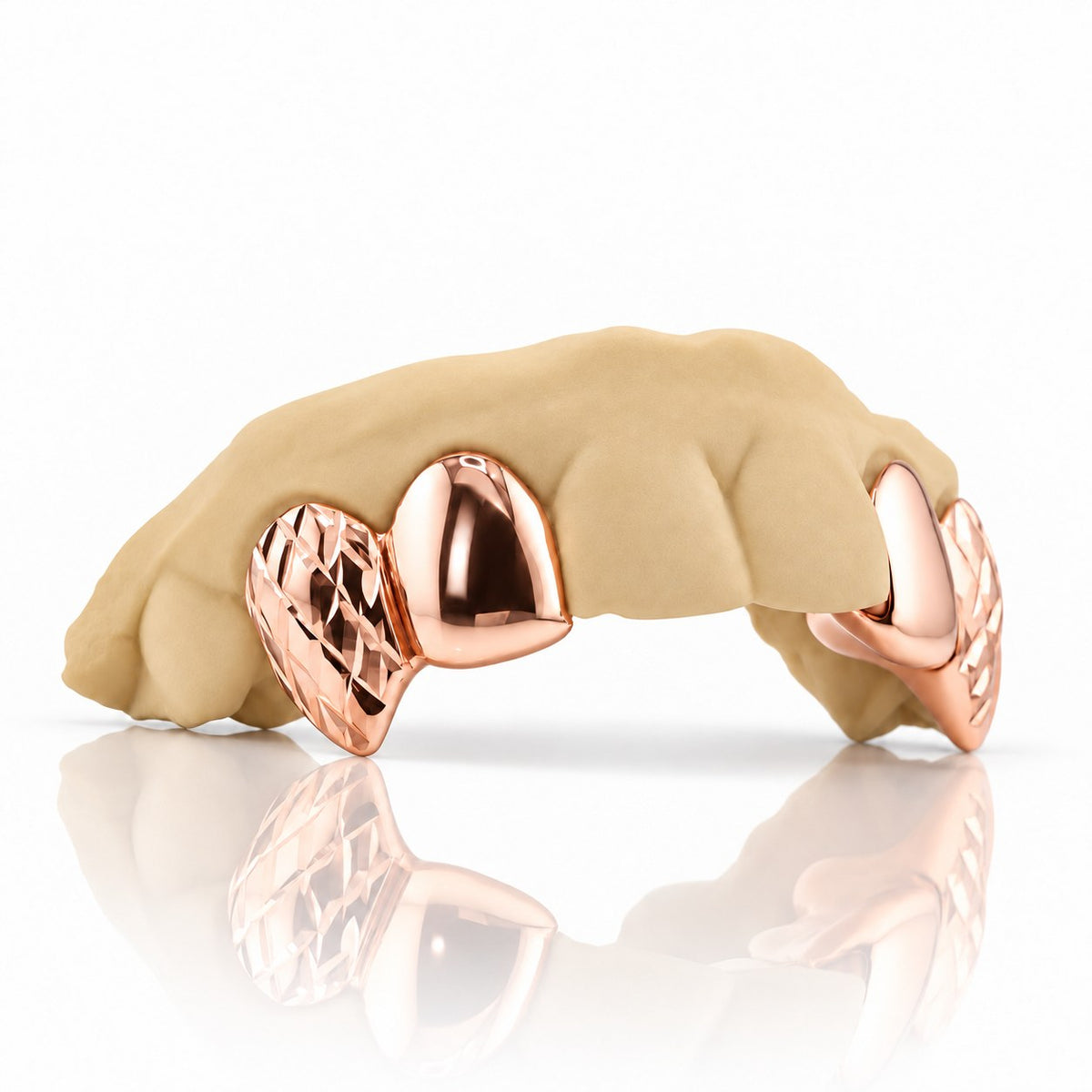 Custom 4pc top grillz with solid caps and diamond cut fangs, rose gold plated 925 silver - angle 2