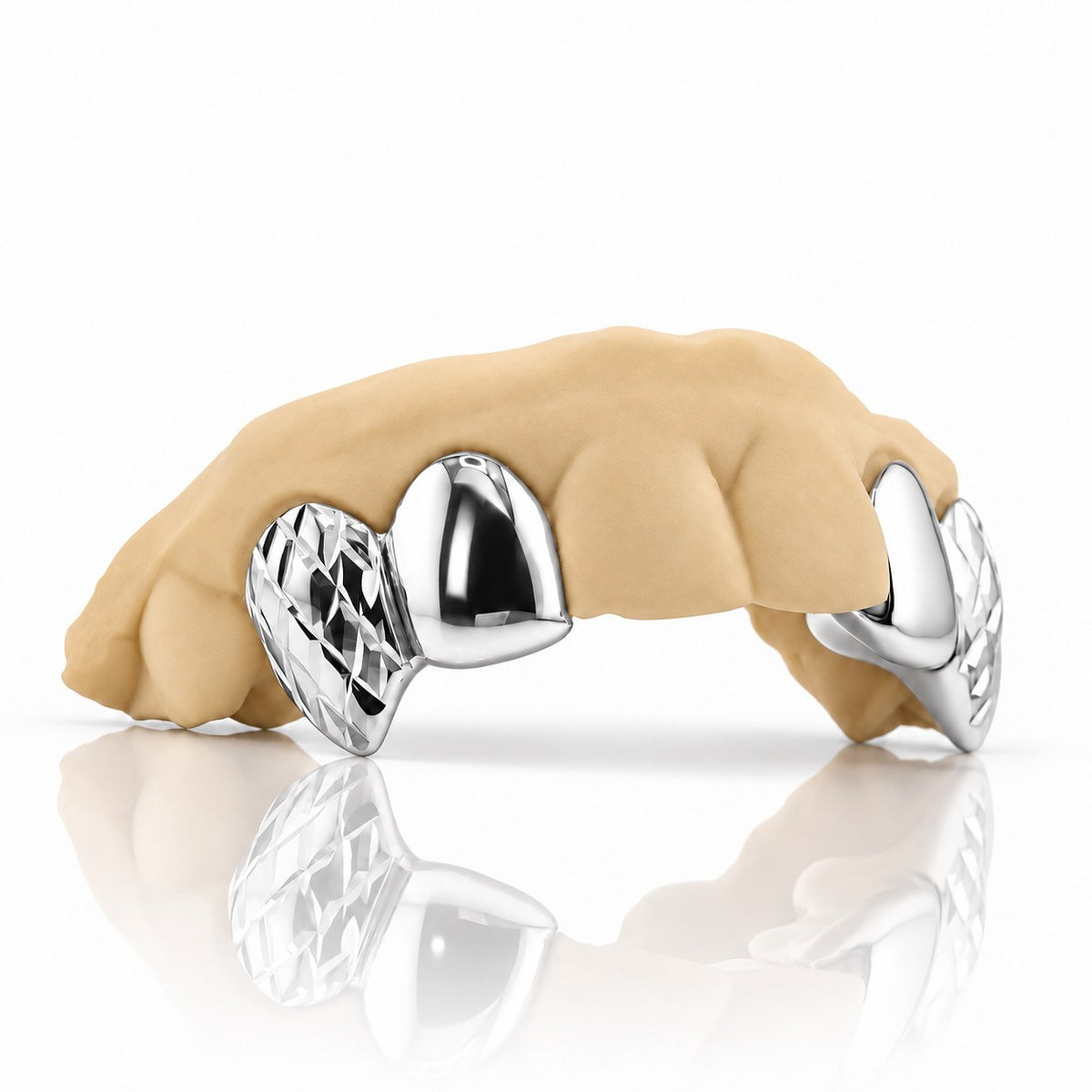 Custom 4pc top grillz with solid caps and diamond cut fangs, white 925 sterling silver - angle 2