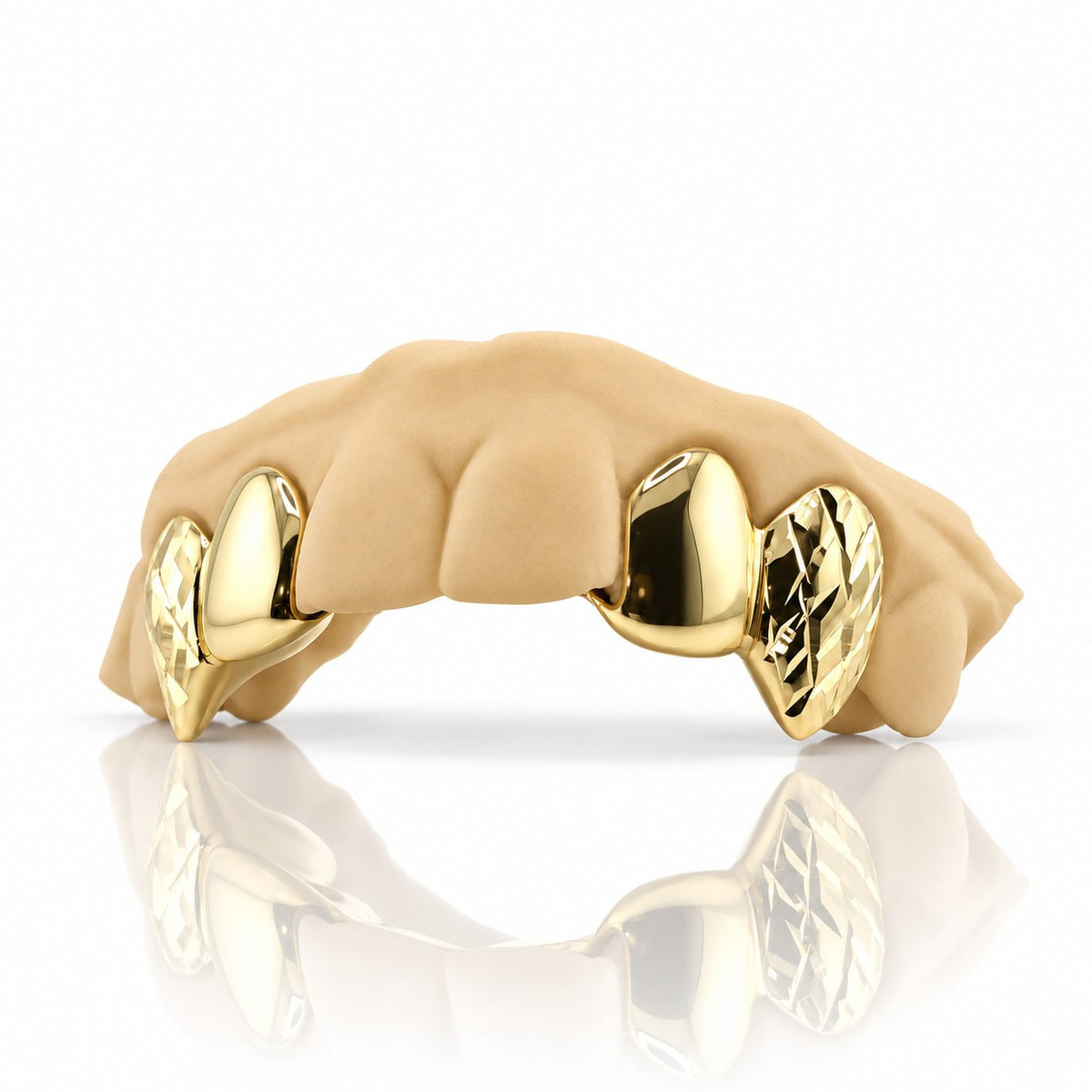Custom 4pc top grillz with solid caps and diamond cut fangs, yellow gold plated 925 silver - angle 3