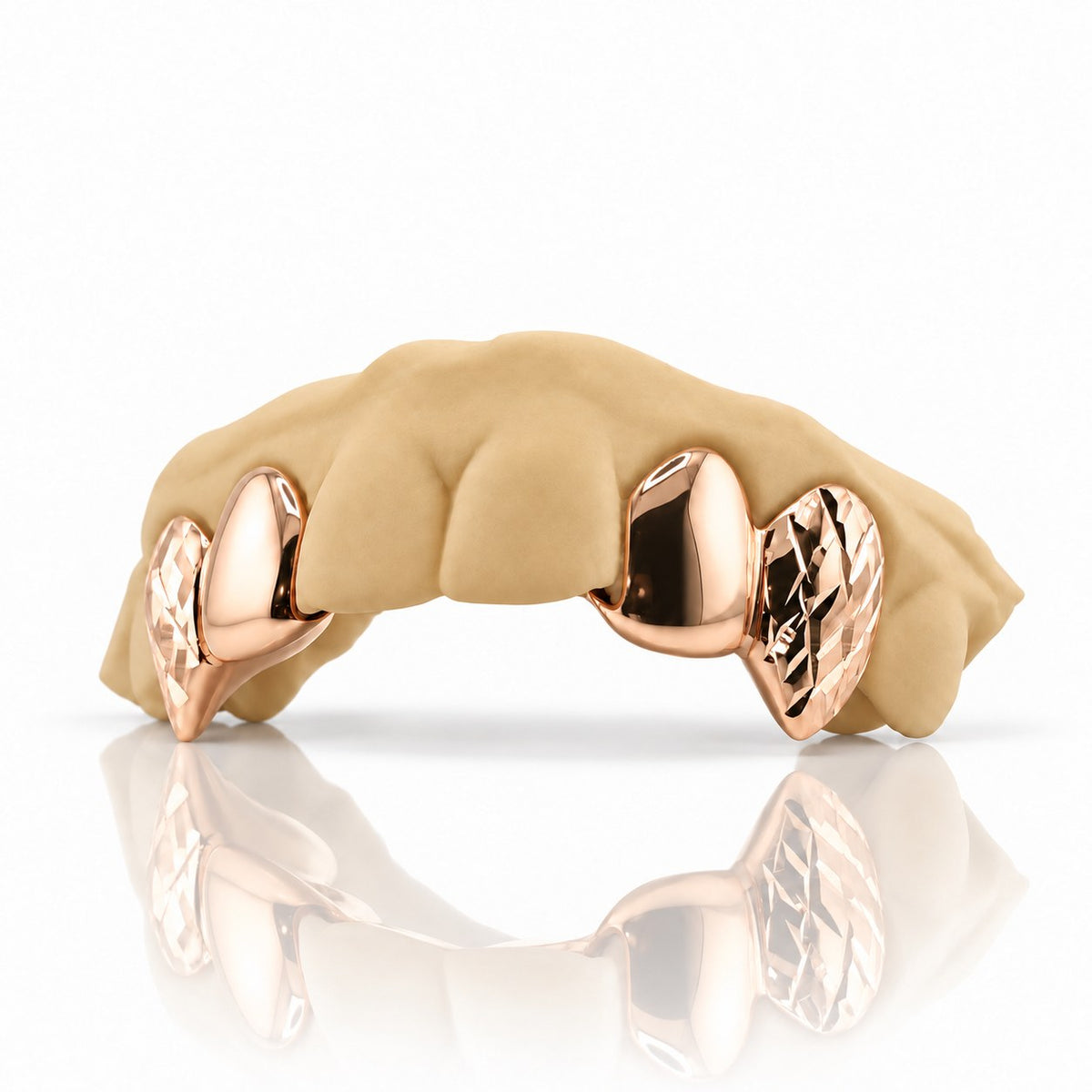 Custom 4pc top grillz with solid caps and diamond cut fangs, rose gold plated 925 silver - angle 3