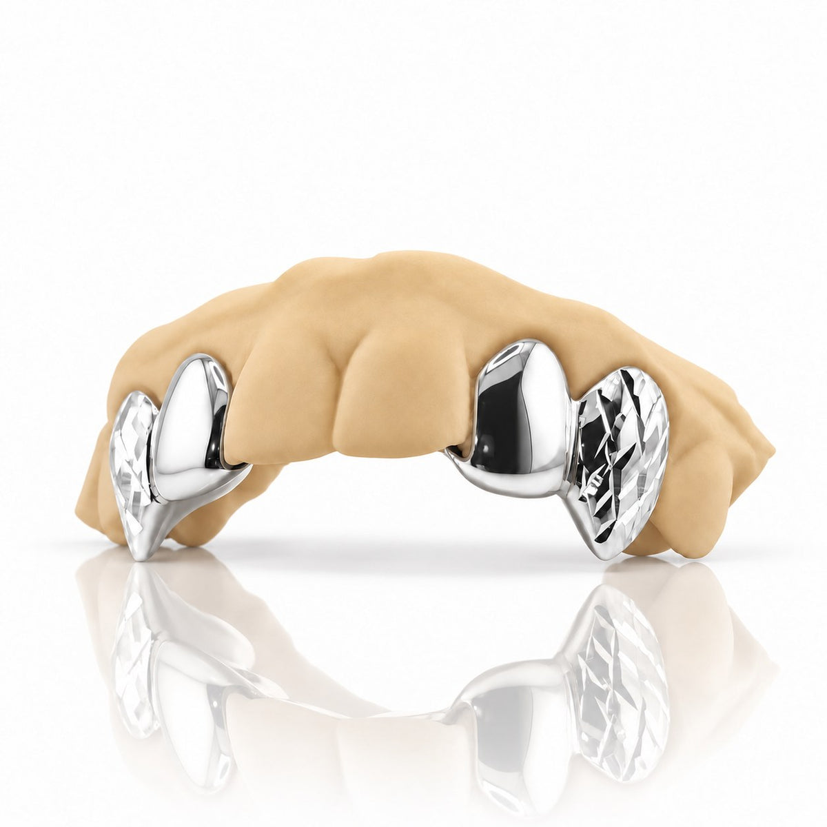 Custom 4pc top grillz with solid caps and diamond cut fangs, white 925 sterling silver - angle 3