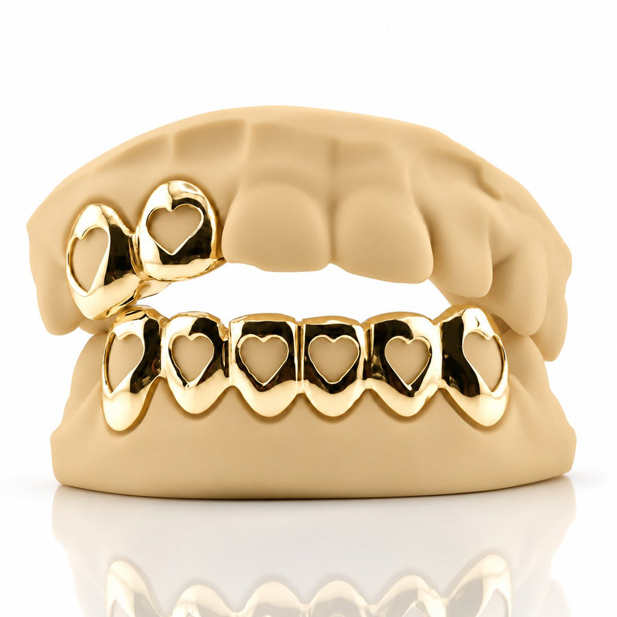 Custom Set 2pc on 6pc Open Hearts Grillz: 925 Sterling Silver (Free Mold Kit)