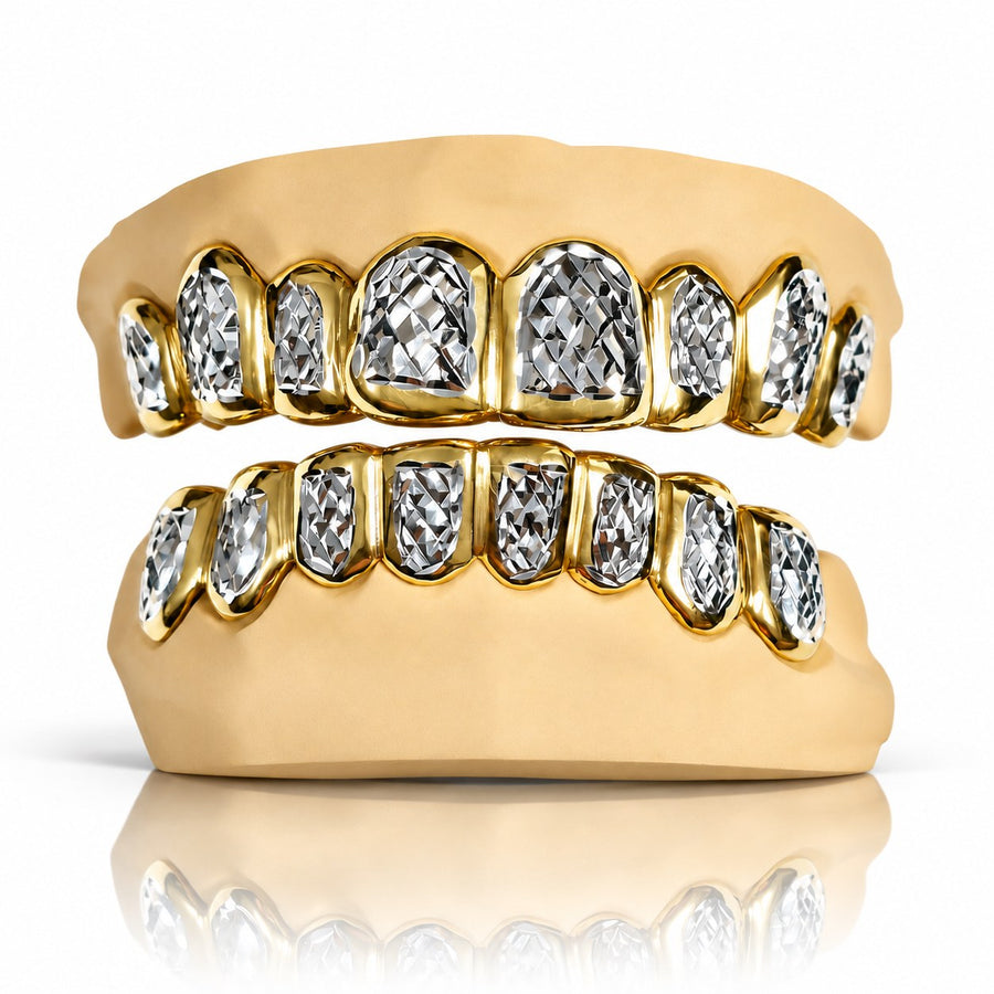Custom 6pcs Two Tones Diamond Cuts Grillz: 925 Sterling Silver (Free Mold Kit)