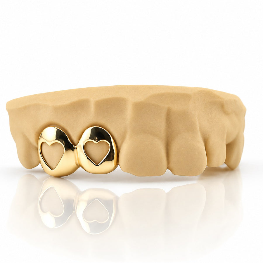 Custom 2pc grillz with double open heart cutouts, yellow gold plated 925 silver - angle 1