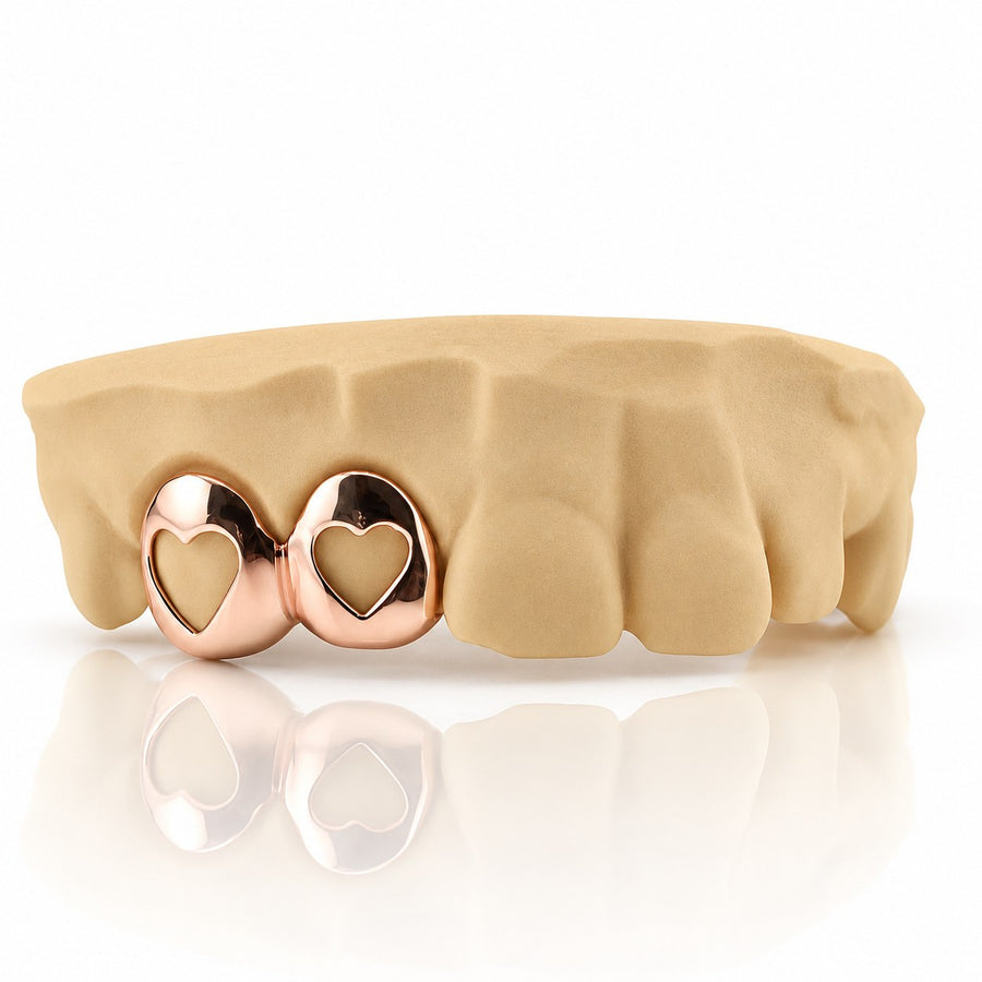 Custom 2pc grillz with double open heart cutouts, rose gold plated 925 silver - angle 1