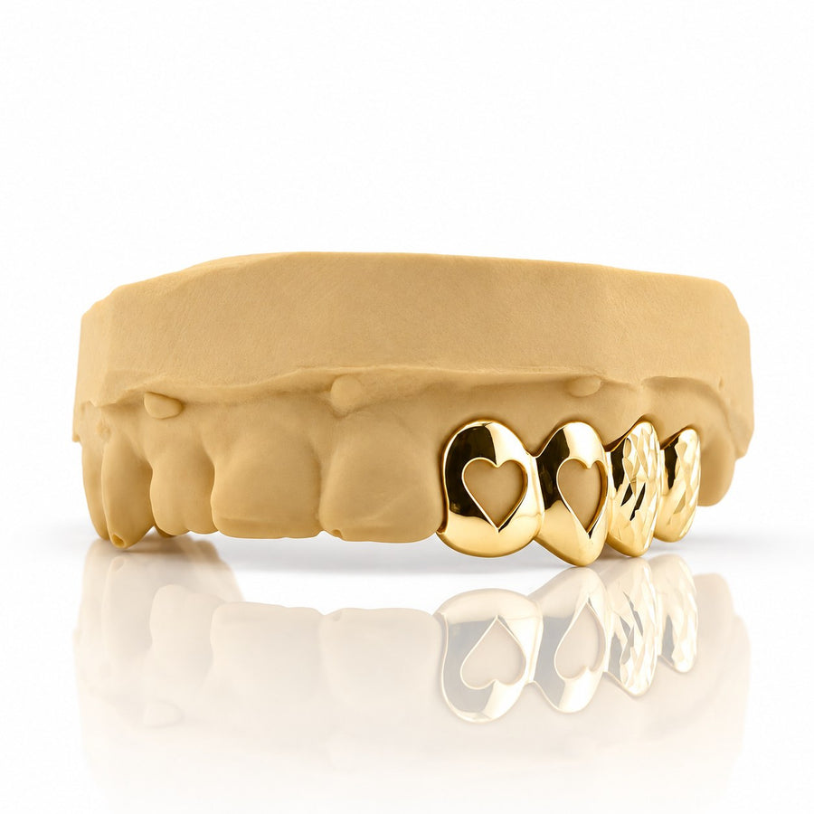 Custom 4pc Open Hearts & Diamond Cuts Grillz: 925 Sterling Silver (Free Mold Kit)