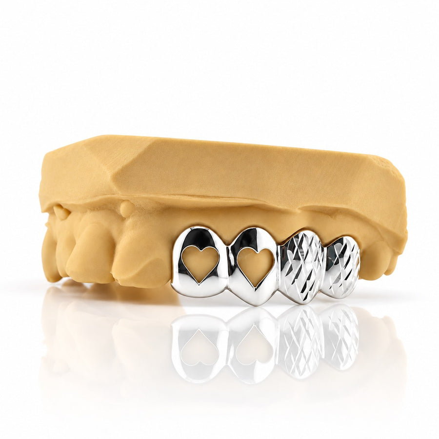 Custom 4pc Open Hearts & Diamond Cuts Grillz: 925 Sterling Silver (Free Mold Kit)