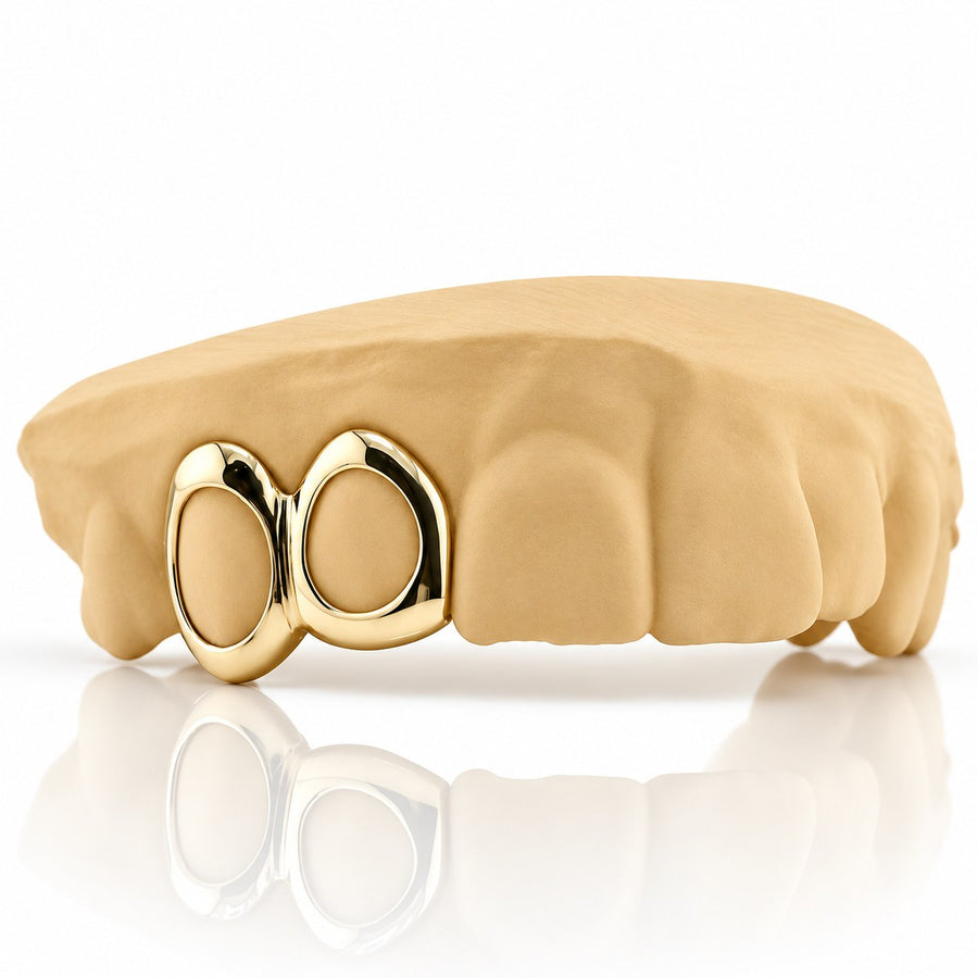 Custom 2pc double open face grillz, yellow gold plated 925 silver - angle 1