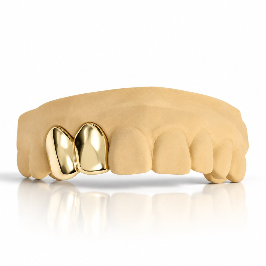 Custom 2pc plain solid cap grillz, yellow gold plated 925 silver - angle 1
