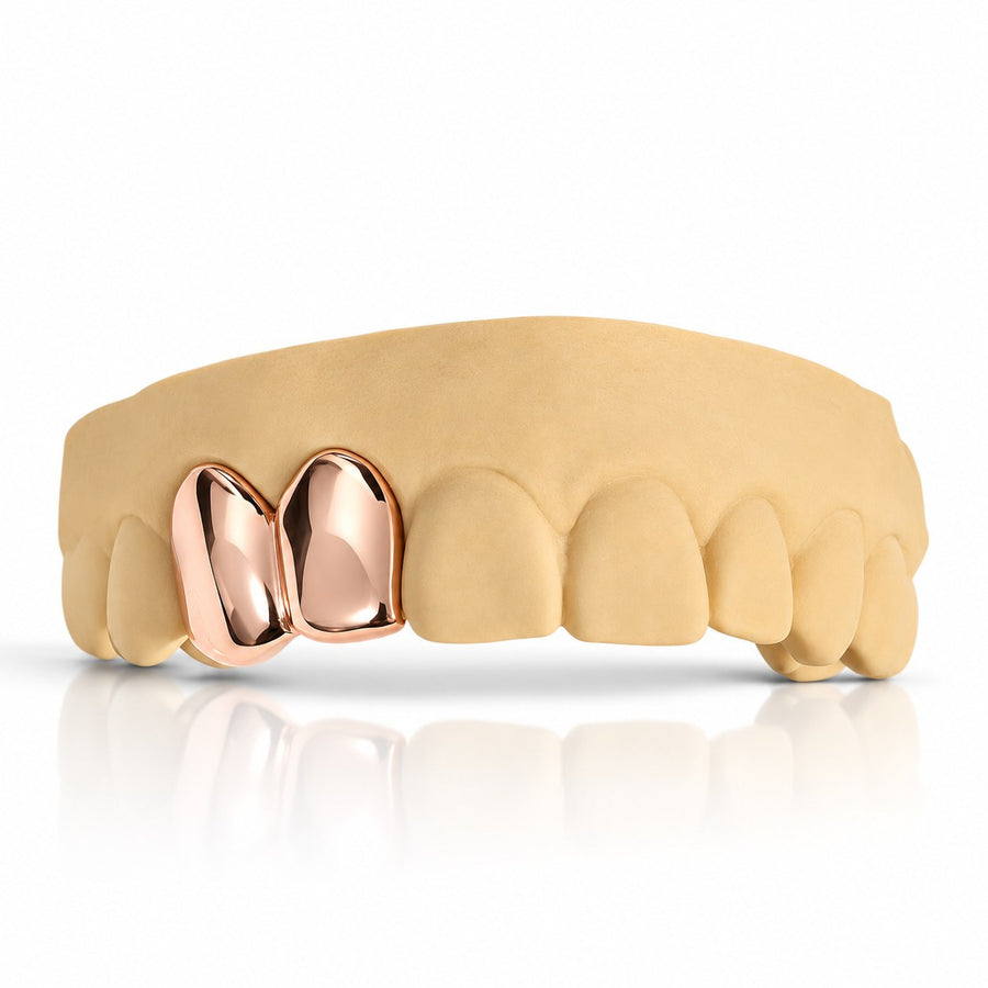 Custom 2pc plain solid cap grillz, rose gold plated 925 silver - angle 1