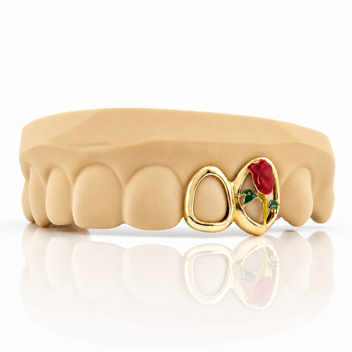 Custom 2pc top grillz with open face and enamel rose, yellow gold plated 925 silver - angle 1