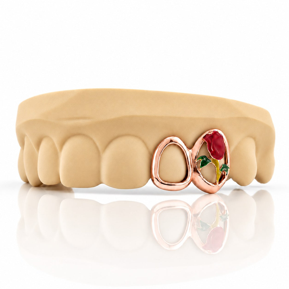 Custom 2pc top grillz with open face and enamel rose, rose gold plated 925 silver - angle 1