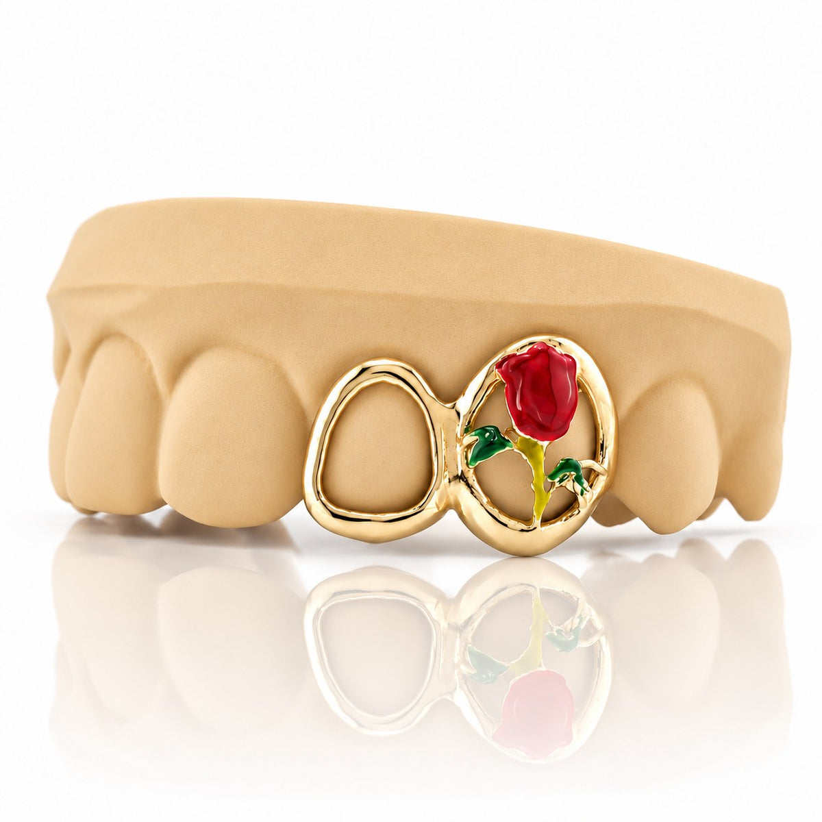 Custom 2pc top grillz with open face and enamel rose, yellow gold plated 925 silver - angle 2