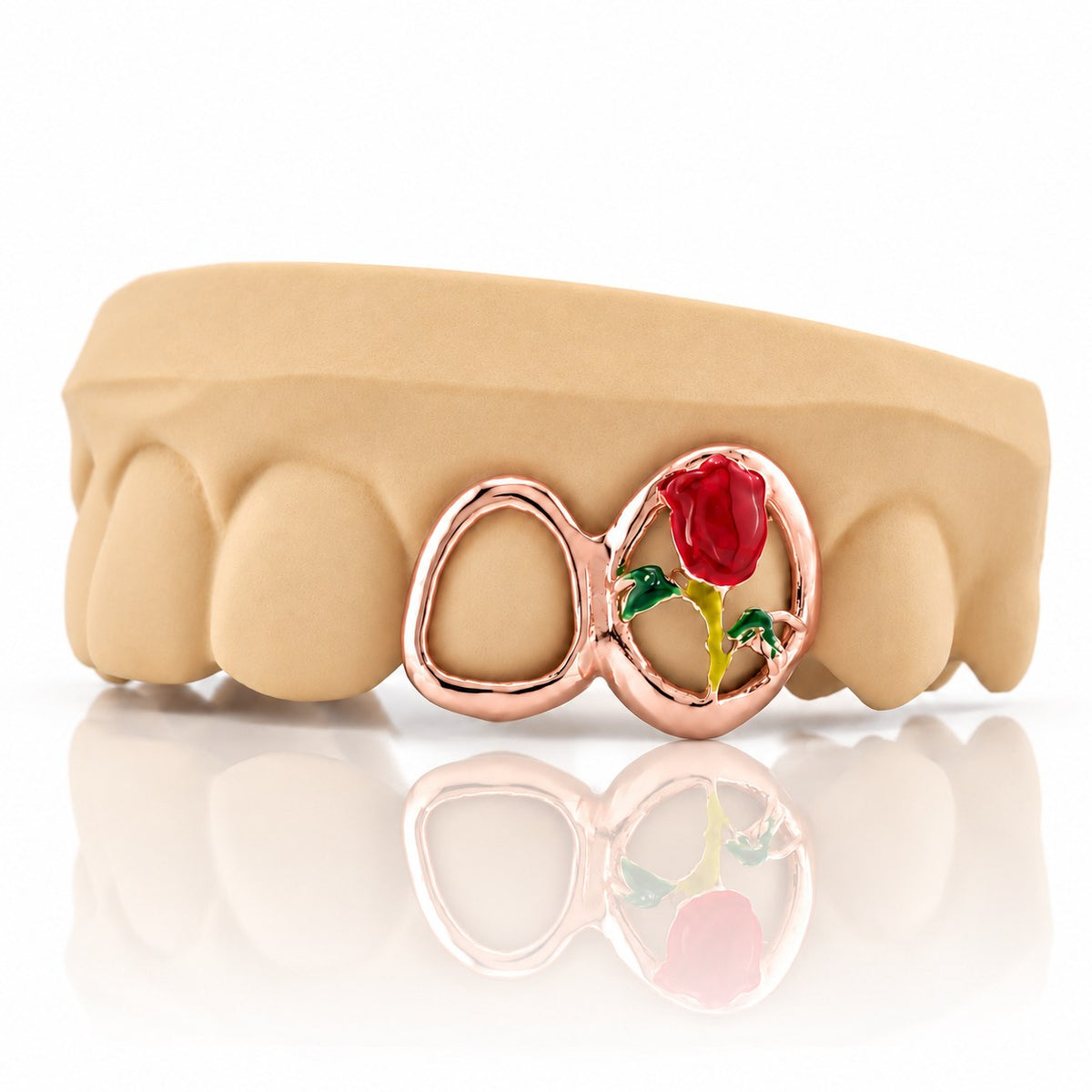 Custom 2pc top grillz with open face and enamel rose, rose gold plated 925 silver - angle 2