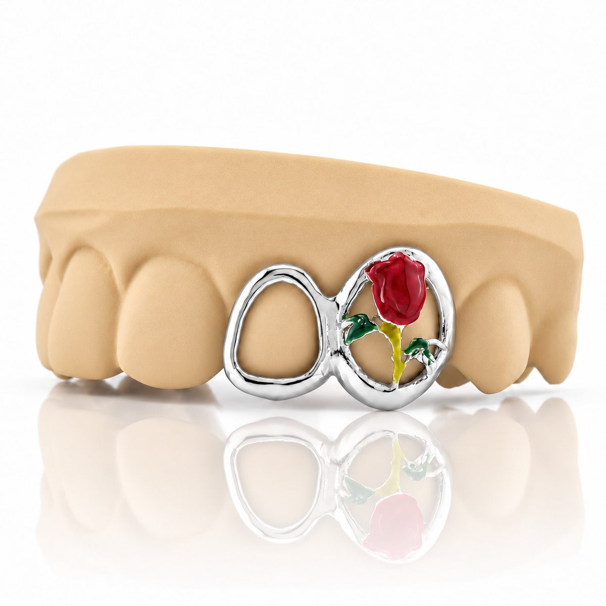 Custom 2pc top grillz with open face and enamel rose, white 925 sterling silver - angle 2