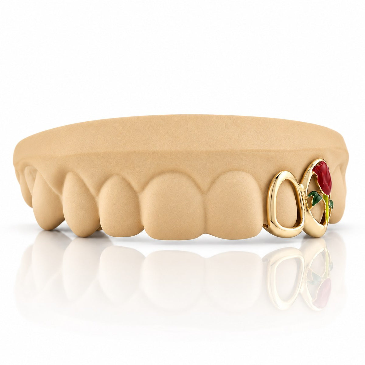Custom 2pc top grillz with open face and enamel rose, yellow gold plated 925 silver - angle 3