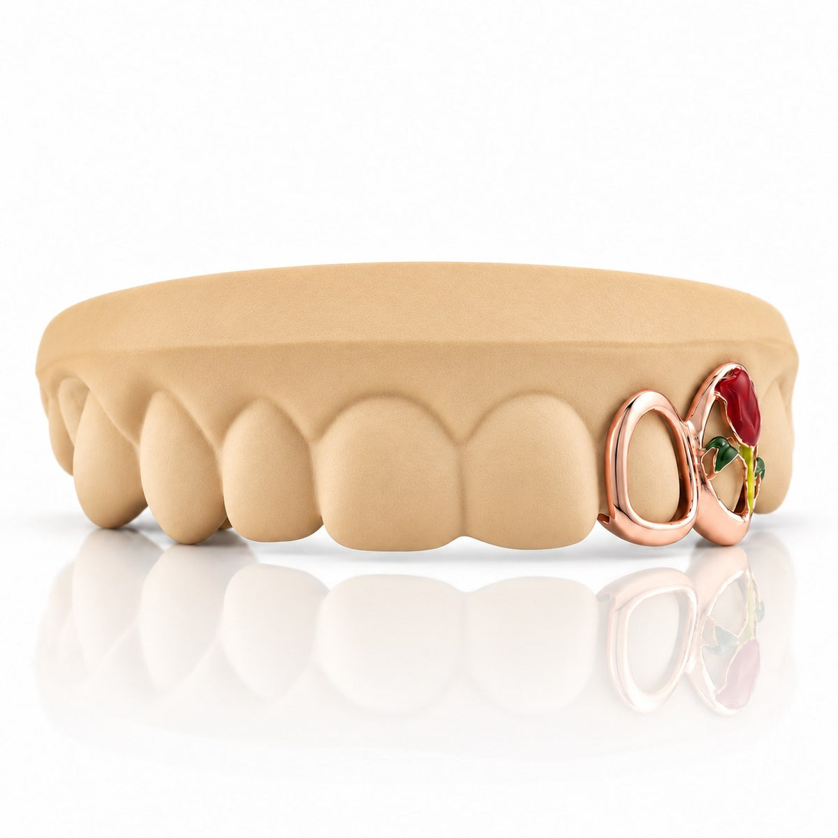 Custom 2pc top grillz with open face and enamel rose, rose gold plated 925 silver - angle 3
