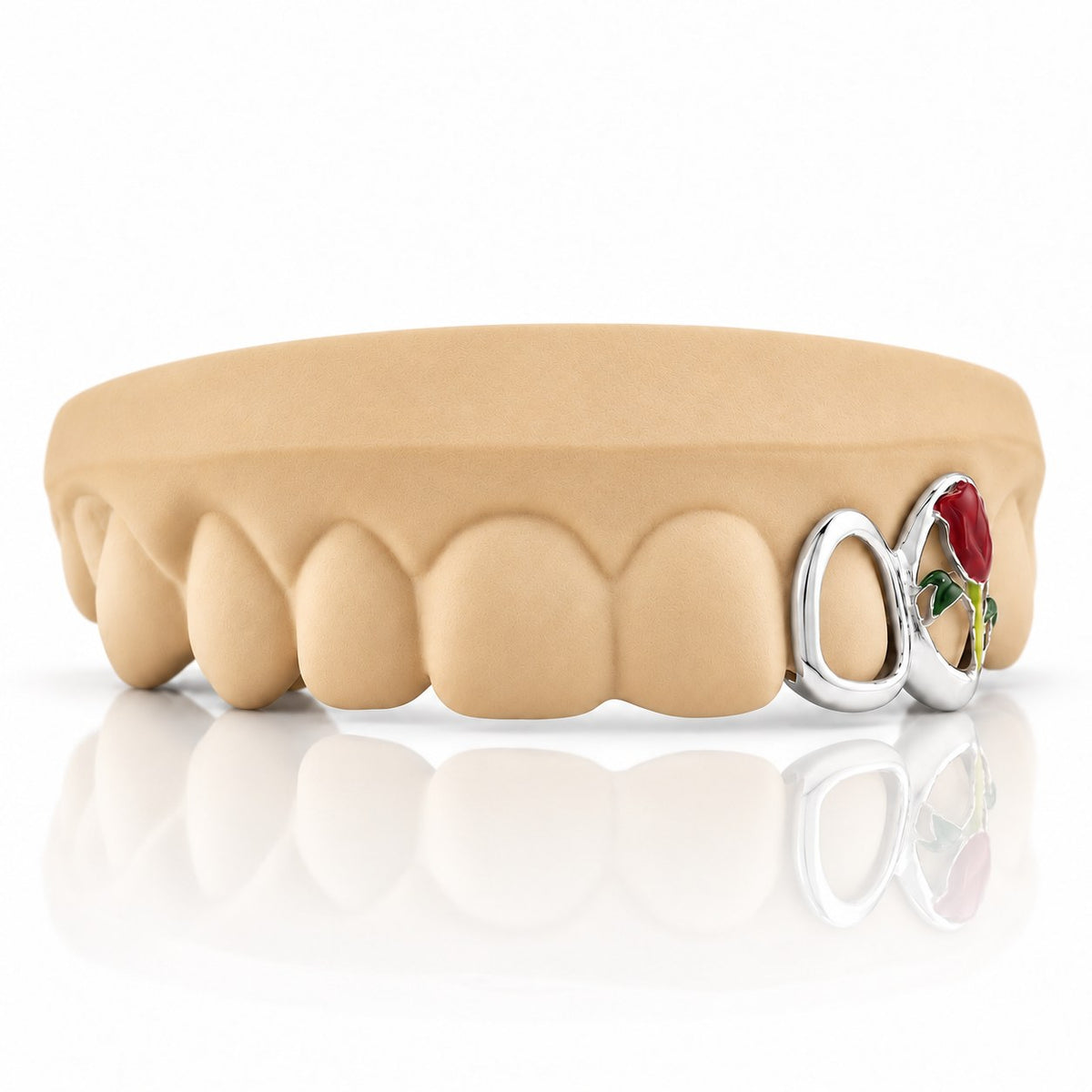 Custom 2pc top grillz with open face and enamel rose, white 925 sterling silver - angle 3