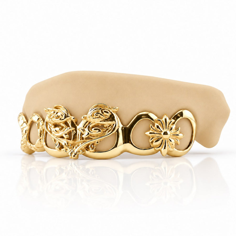 Custom top grillz with filigree hearts, floral cross and open face, yellow gold plated 925 silver - angle 1