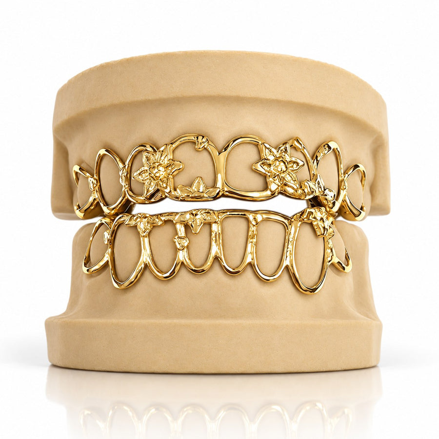 Custom 8pcs 3D Open Face Flowers Grillz: 925 Sterling Silver (Free Mold Kit)