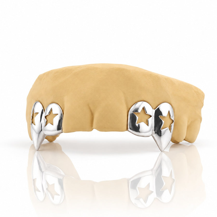 Custom 4pcs Open Stars with Extended Fangs Grillz: 925 Sterling Silver (Free Mold Kit)