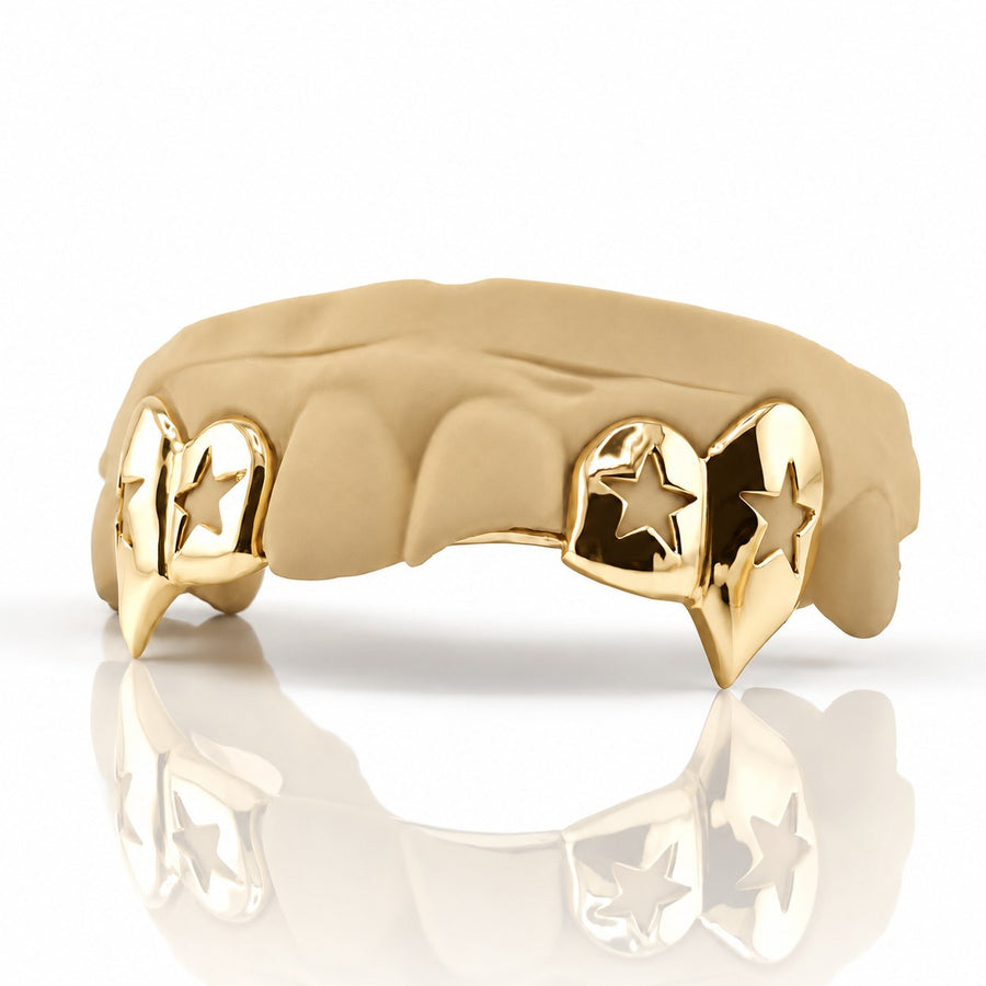 Custom 4pcs Open Stars with Extended Fangs Grillz: 925 Sterling Silver (Free Mold Kit)